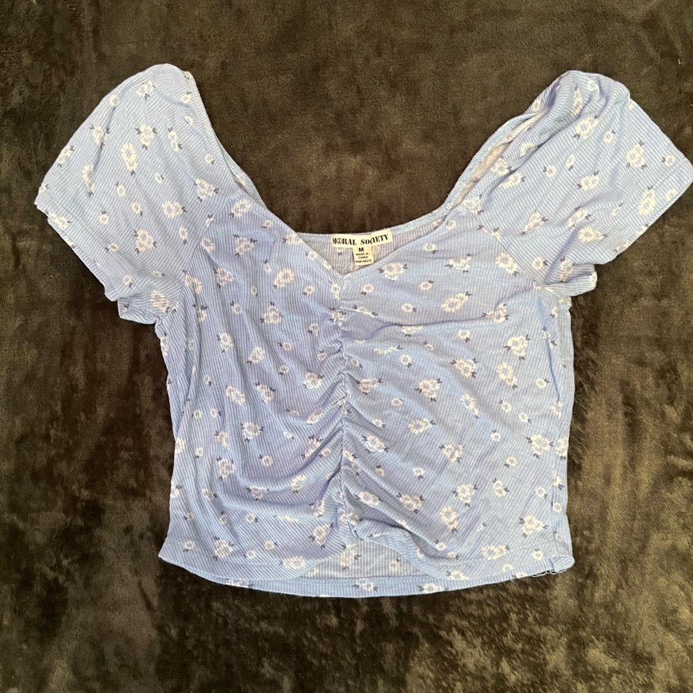 Moral Society Pastel Blue Floral Ruched Square-Neck Crop Top